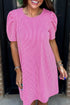 Corded Knit Crew Neck Puff Sleeve Shift Mini Dress
